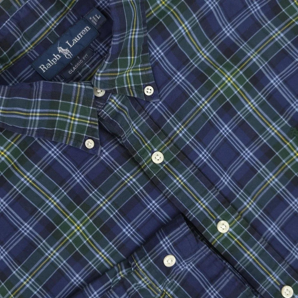 Ralph Lauren Shirt Mens Large Blue Green Plaid Long Sleeve Button Down Cotton